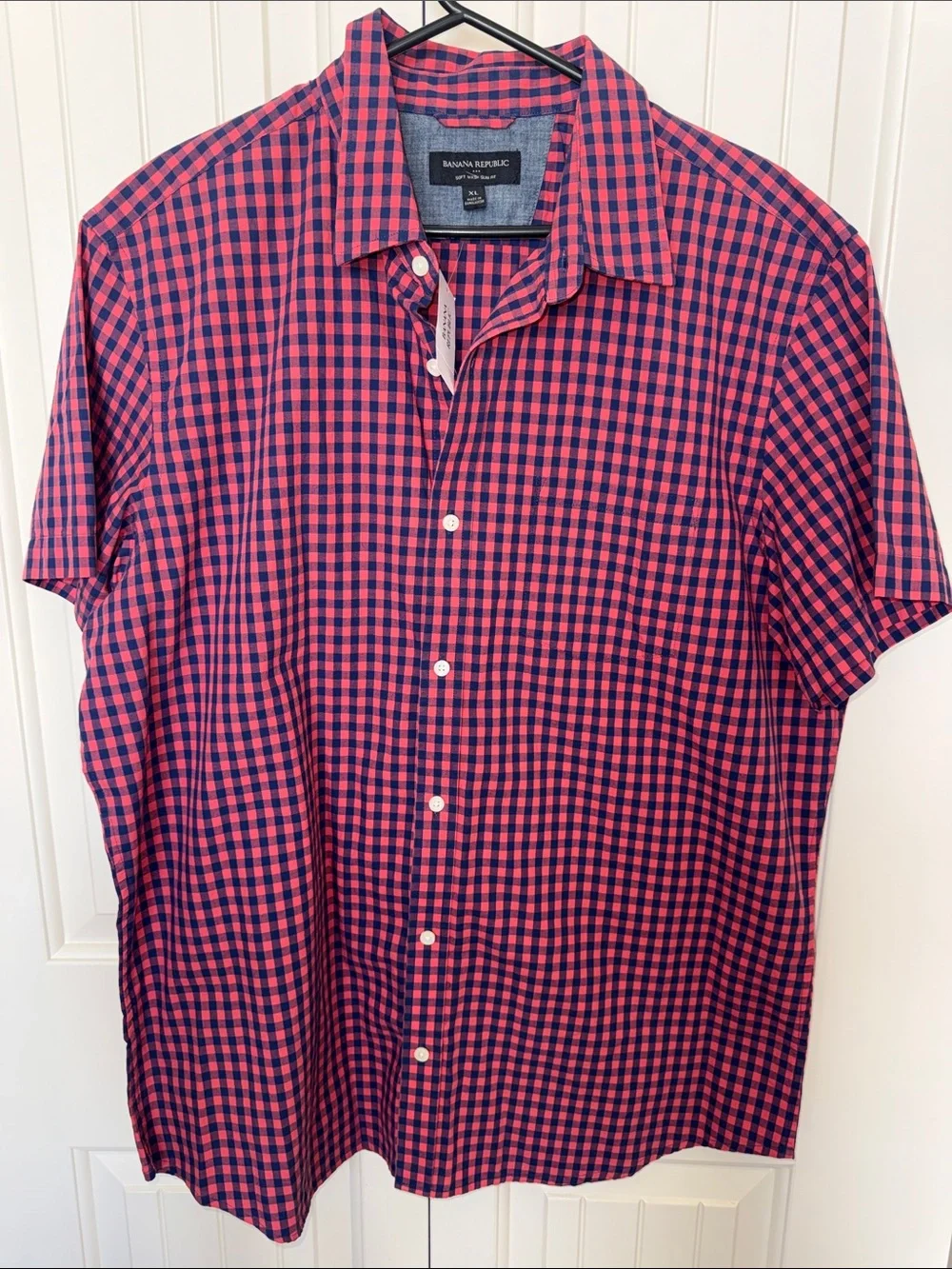 Banana Republic Soft Wash Slim Fit Shirt Mens XL Pink Navy Gingham Short Sleeve